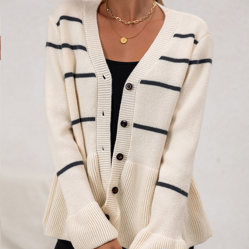 V-neck Stripes Lazy And Loose Knitted Long Sleeve Sweater