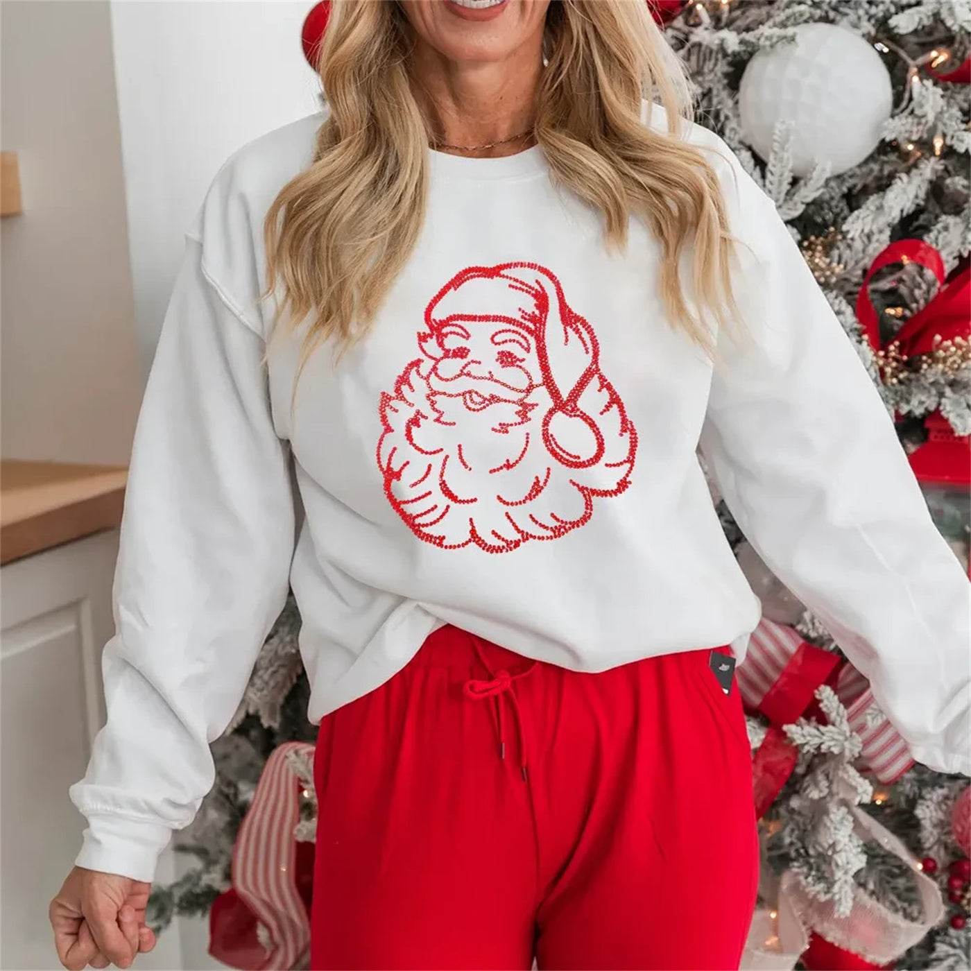 White Father Christmas Rhinestone Graphic Drop Shoulder Sweatshirt