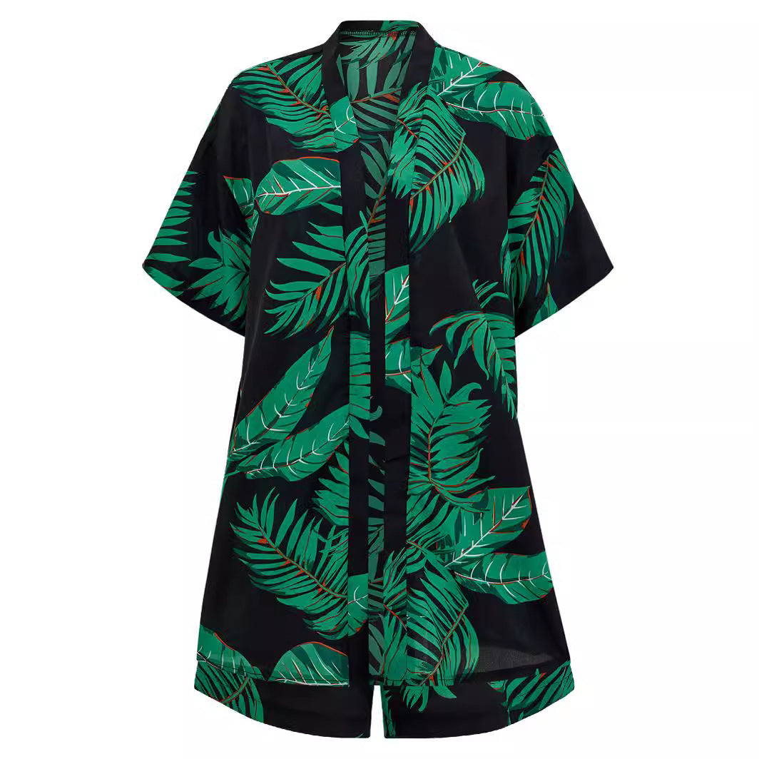 2pcs Casual Holiday Leaves Print Suit Summer Short Sleeve Shirt Top And Drawstring Shorts Sets For Womens Clothing