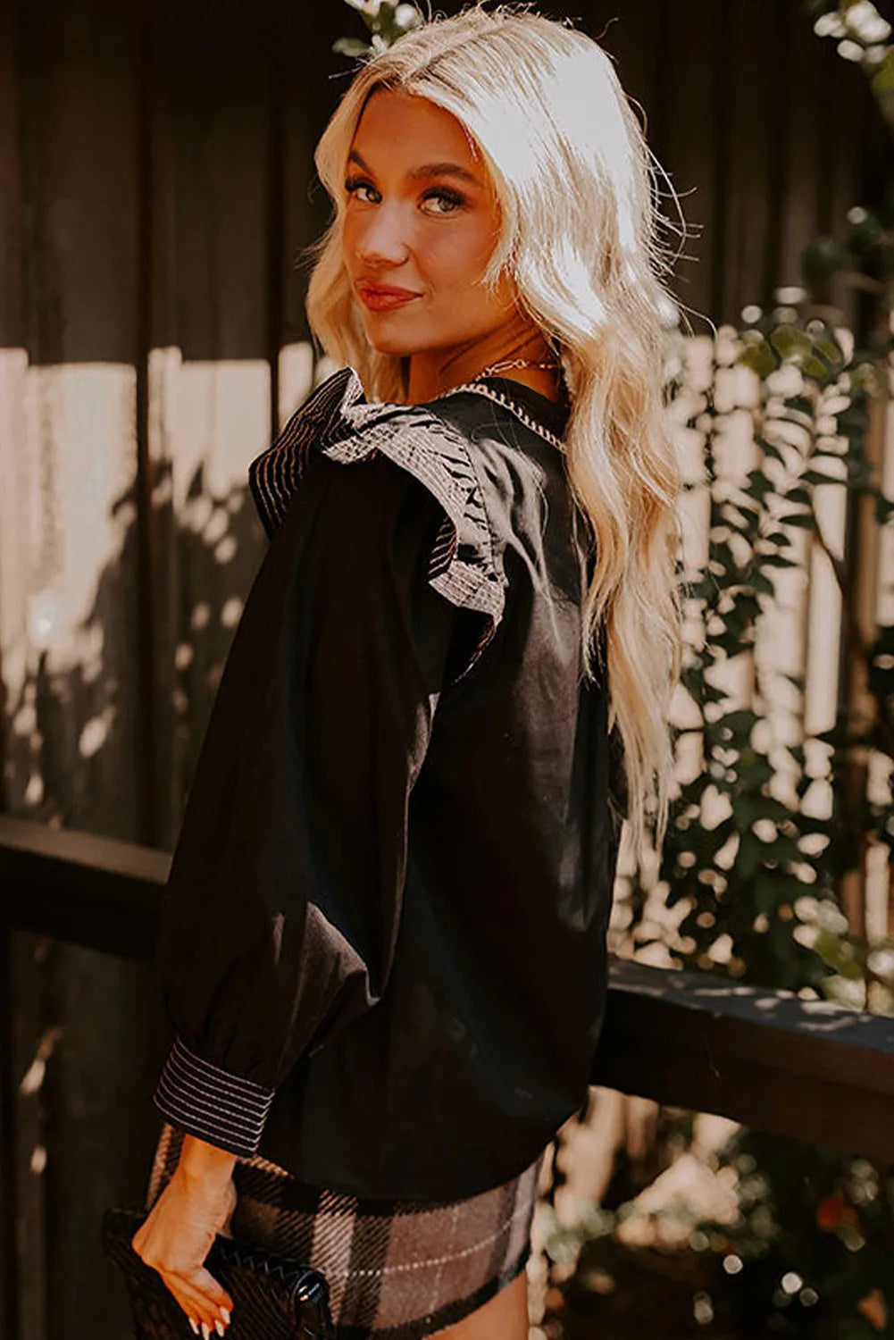 Black Contrast Stitched Detail V Neck Ruffle Long Sleeve Blouse