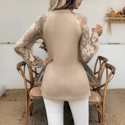 Women's V-neck Long Sleeve Stitching Lace Fashion Tops