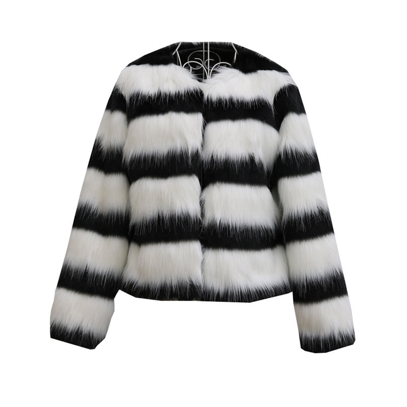 Warm Black And White Striped Long-sleeved Leather Jacket