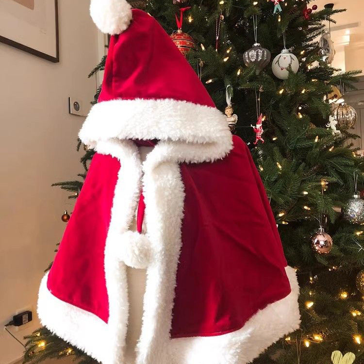 New Year Christmas Shawl Cape Red Burr Velvet Band Cap Windproof