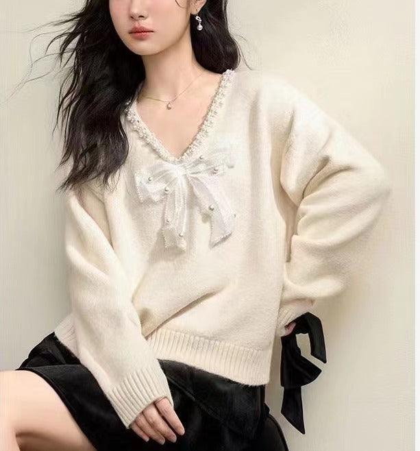 French Style Bow Pearl Collar Sweater Women's Top