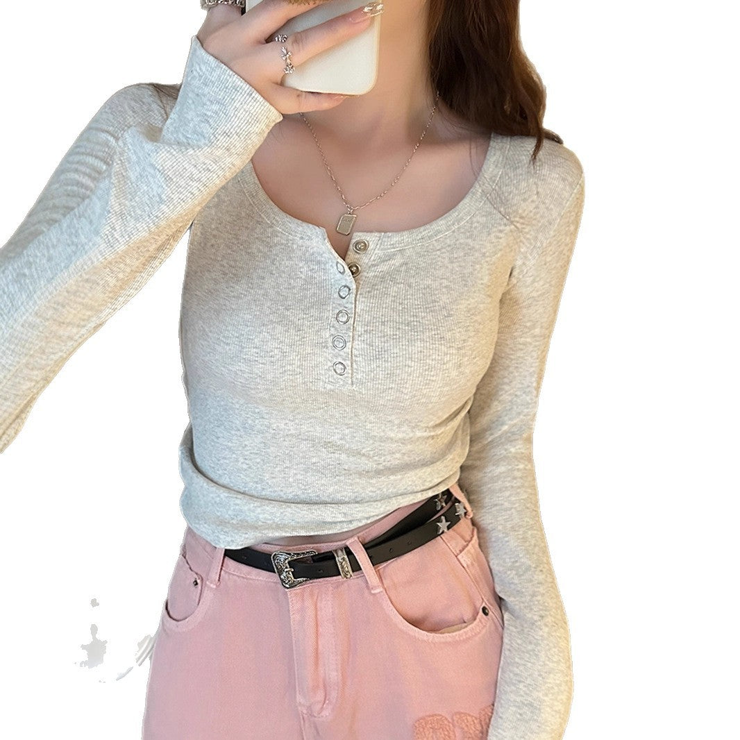 Women's Solid Color Casual Button Round Neck Top