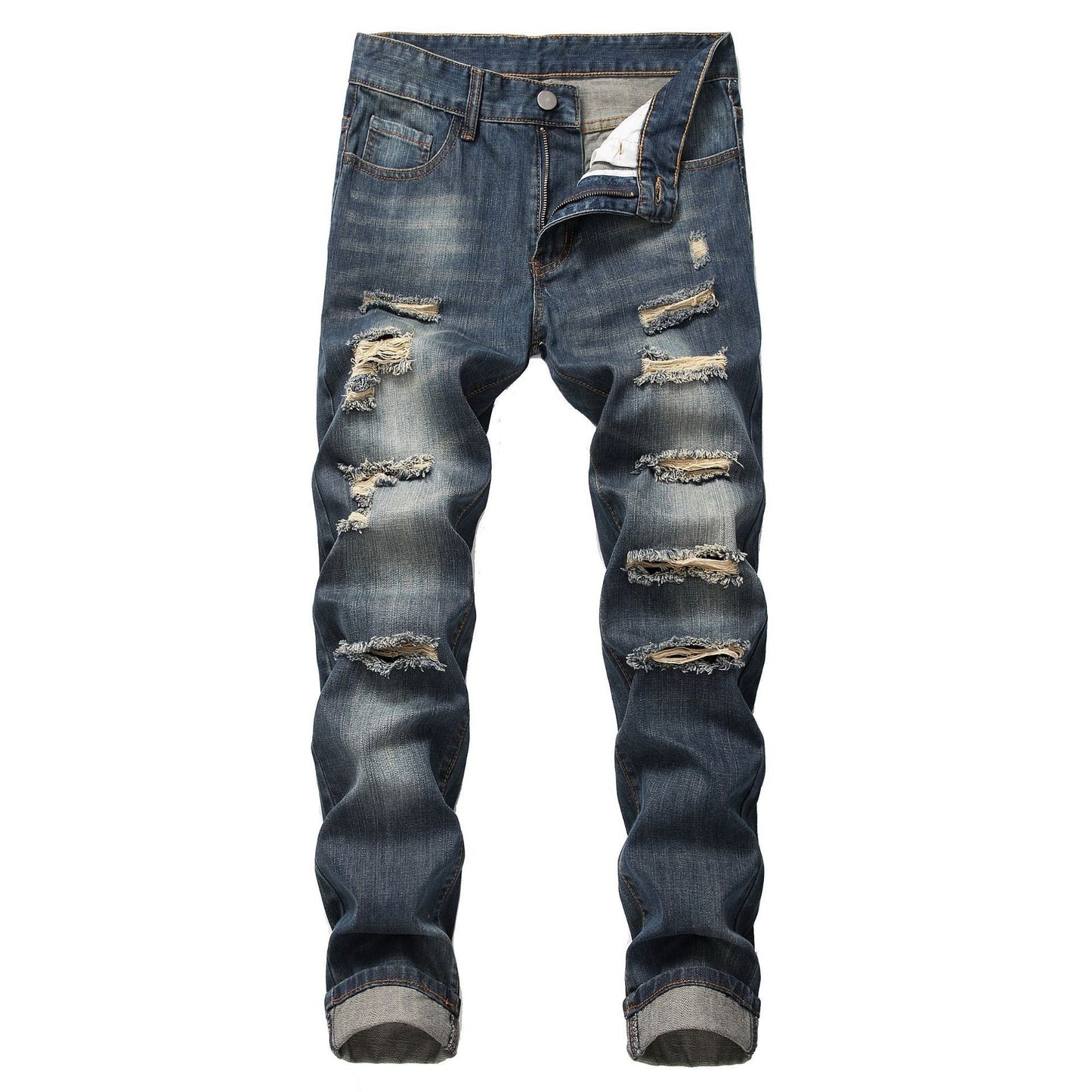 Men's Ripped Straight Slim Fit Non-stretch Jeans