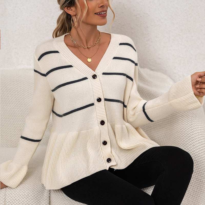 V-neck Stripes Lazy And Loose Knitted Long Sleeve Sweater