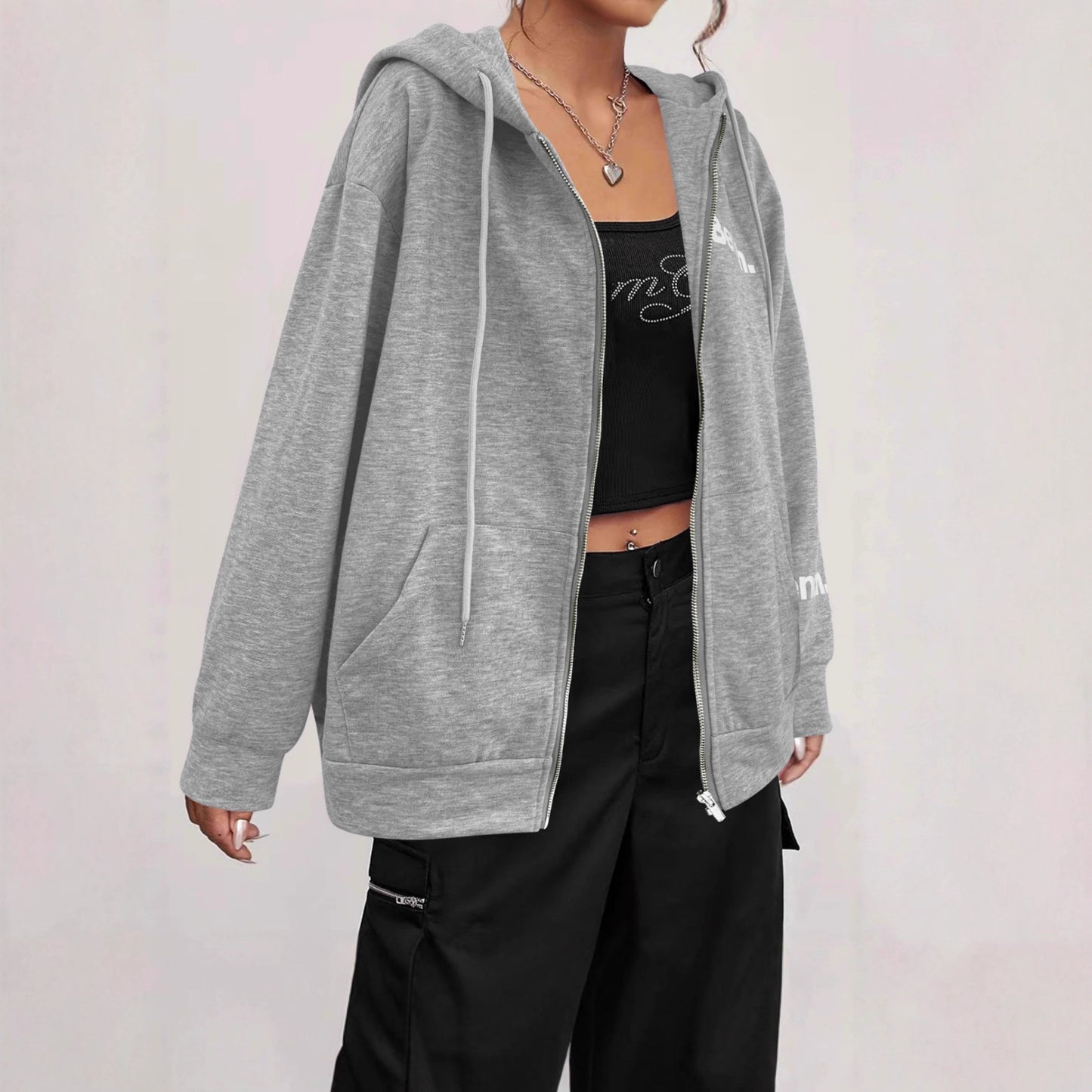 Letter Print Fashion Casual Zipper Sweater Coat