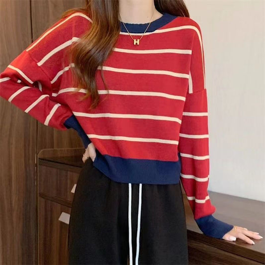 Round Neck Striped Pullover Short Long Sleeve Slim Fit