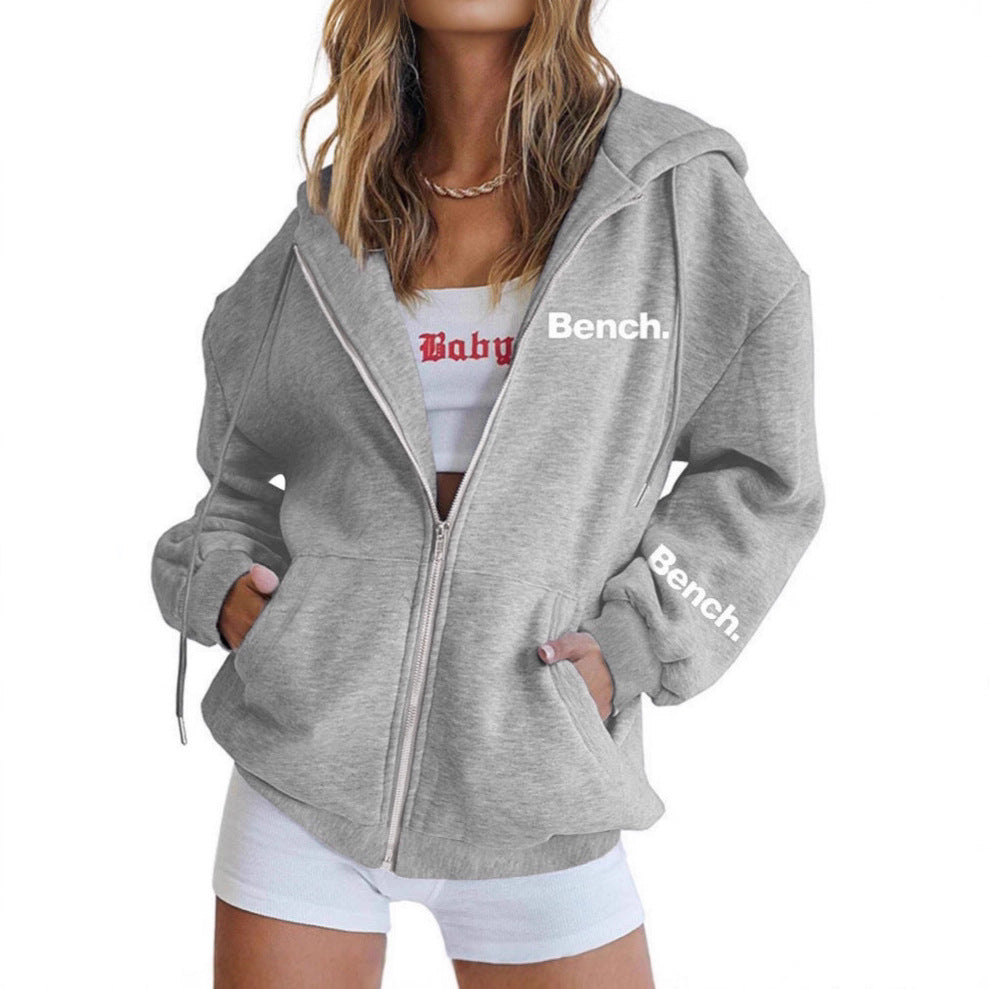 Letter Print Fashion Casual Zipper Sweater Coat