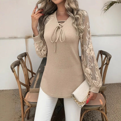 Women's V-neck Long Sleeve Stitching Lace Fashion Tops