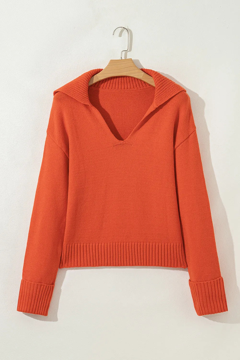 Flamingo Collared V Neck Ribbed Edge  Elegant Sweater