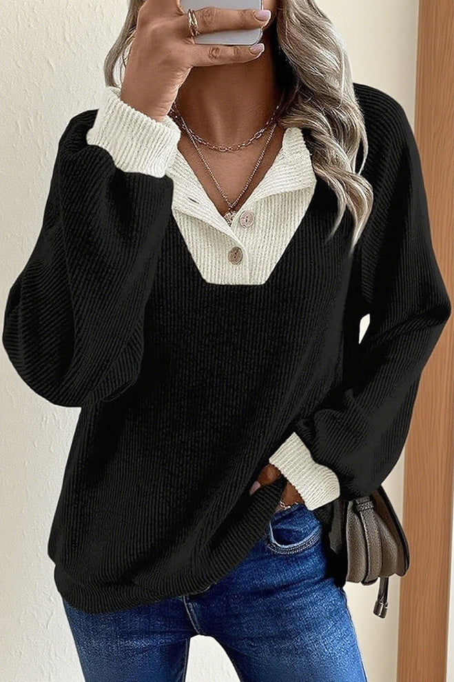 Women's Color Matching Casual Loose Shoulder Long-sleeved Top
