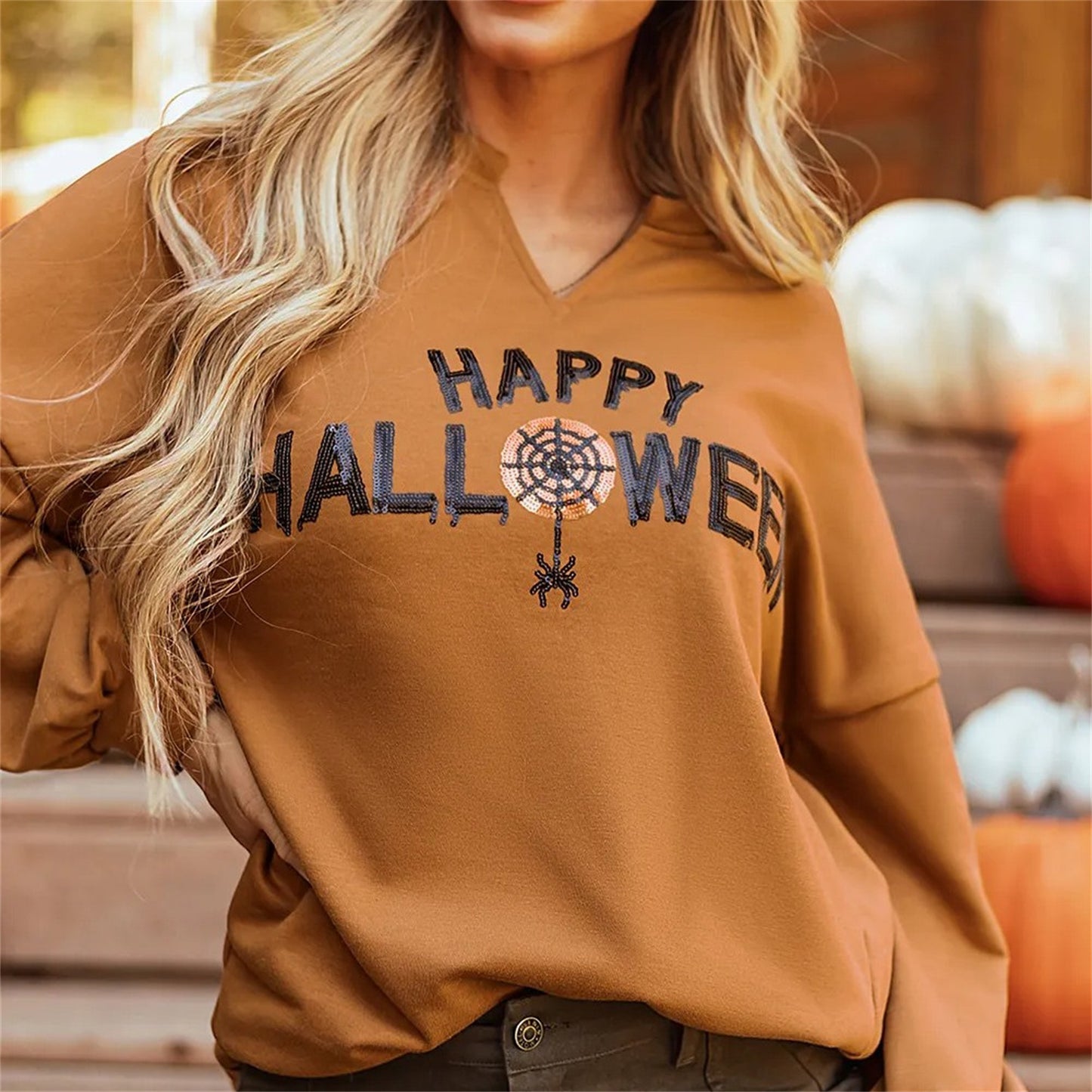 Chestnut Sequin Happy Halloween Graphic Notched Neck Long Sleeve Loose Top