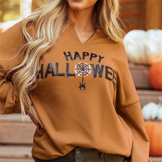 Chestnut Sequin Happy Halloween Graphic Notched Neck Long Sleeve Loose Top