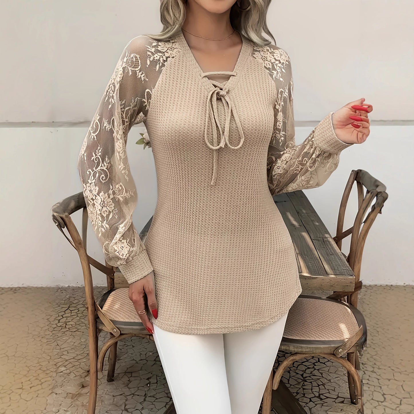 Women's V-neck Long Sleeve Stitching Lace Fashion Tops