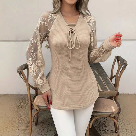 Women's V-neck Long Sleeve Stitching Lace Fashion Tops