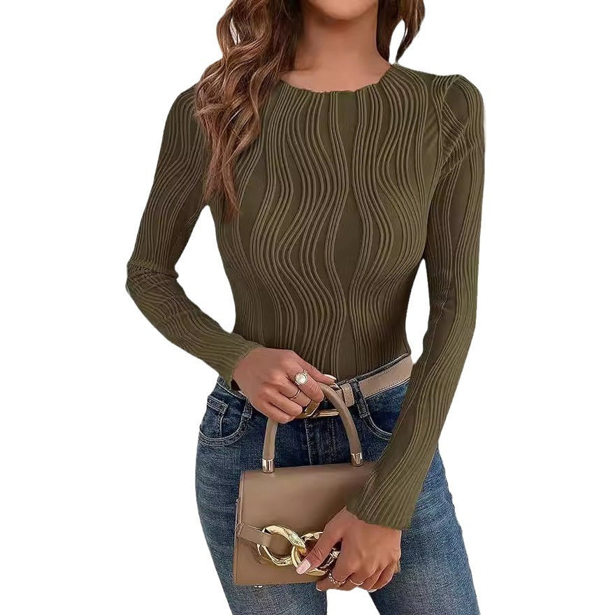 Casual Texture Round Neck Long Sleeve Slim Women's T-shirt