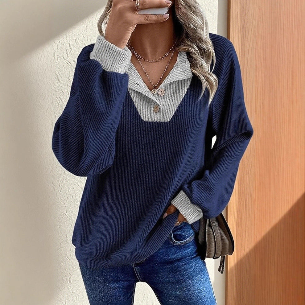 Women's Color Matching Casual Loose Shoulder Long-sleeved Top