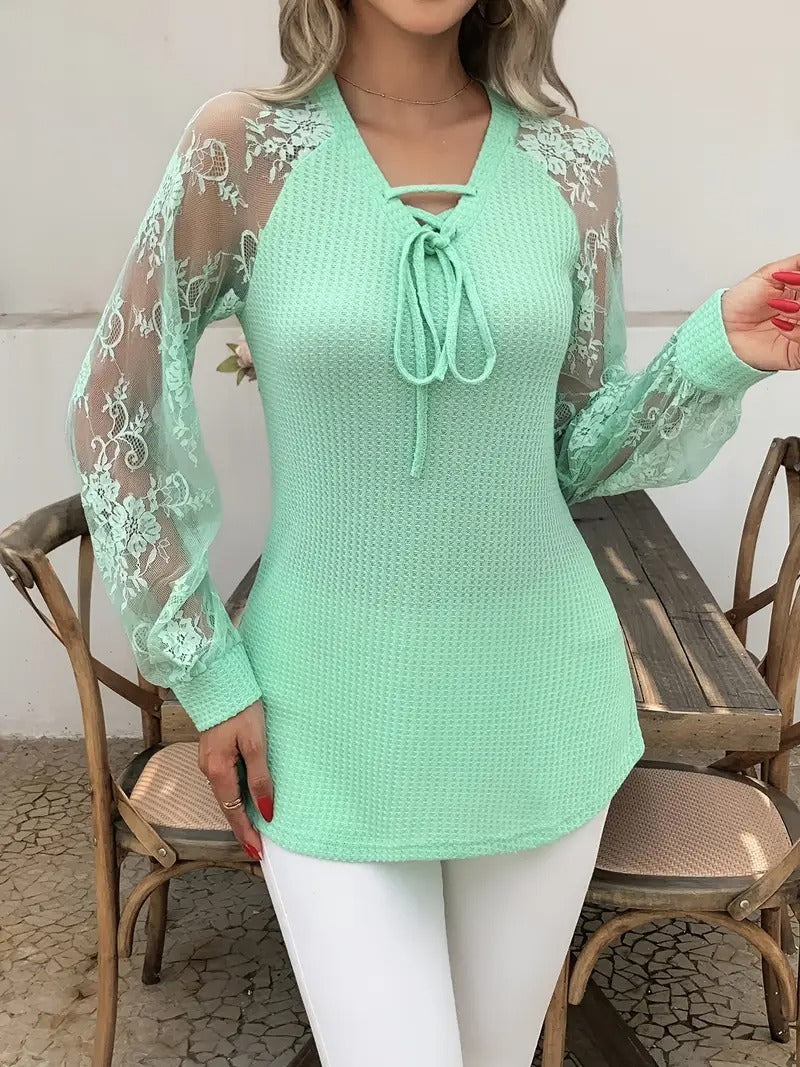 Women's V-neck Long Sleeve Stitching Lace Fashion Tops