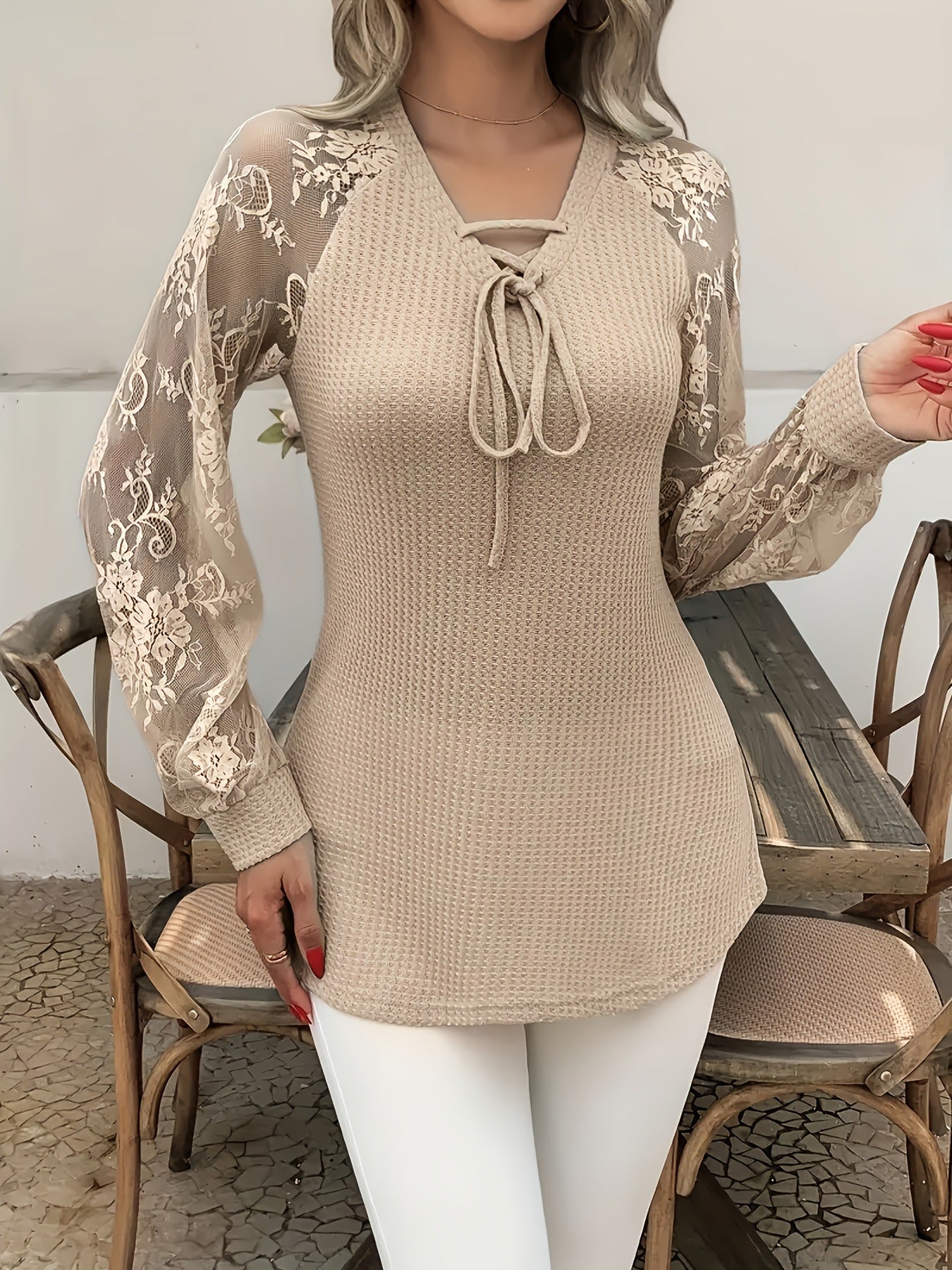 Women's V-neck Long Sleeve Stitching Lace Fashion Tops